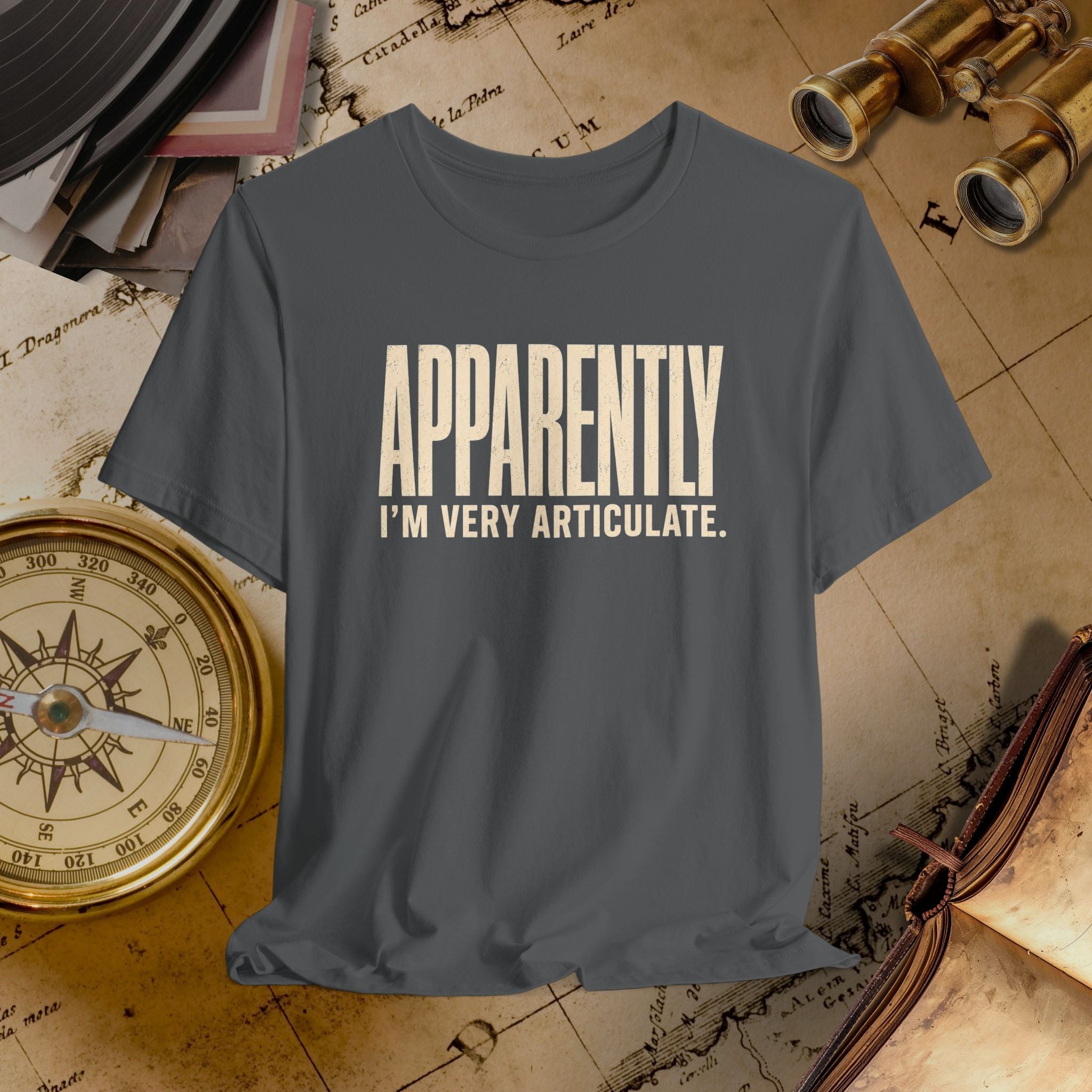 Gray t-shirt with 'APPROPRIATELY I'M VERY ARTICULATE' text on a vintage map background