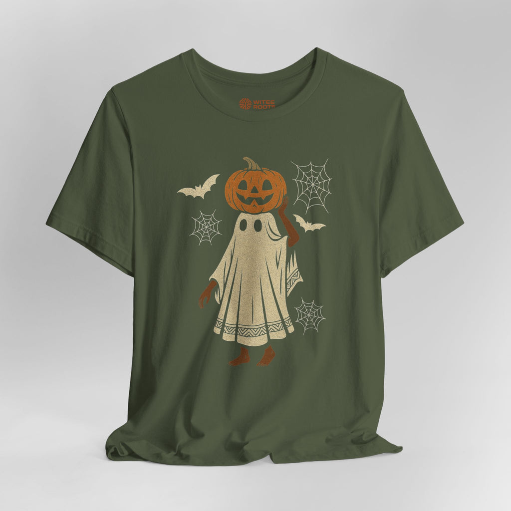 An olive green short-sleeve t-shirt with a Halloween graphic of a ghost with a jack-o'-lantern head, surrounded by bats, spiderwebs, and cobwebs on a light gray background.