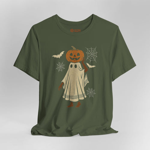 An olive green short-sleeve t-shirt with a Halloween graphic of a ghost with a jack-o'-lantern head, surrounded by bats, spiderwebs, and cobwebs on a light gray background.