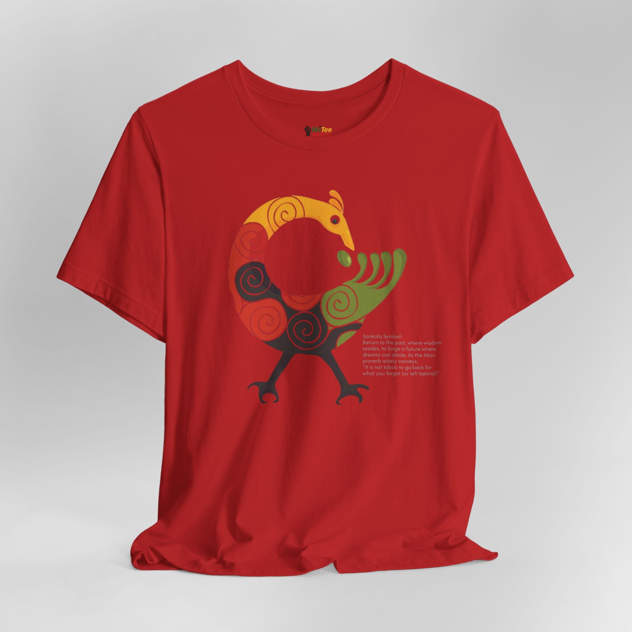 Red t-shirt with a colorful abstract design on a gray background