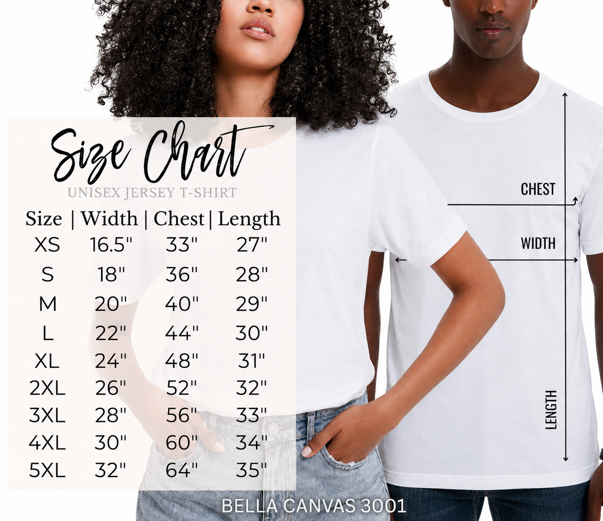Size chart graphic for a unisex white short-sleeve t-shirt, showing a male model wearing the shirt with measurement arrows labeled chest and width, alongside a size table from XS to 5XL and the text 'Size Chart' and 'BELLA CANVAS 3001'.