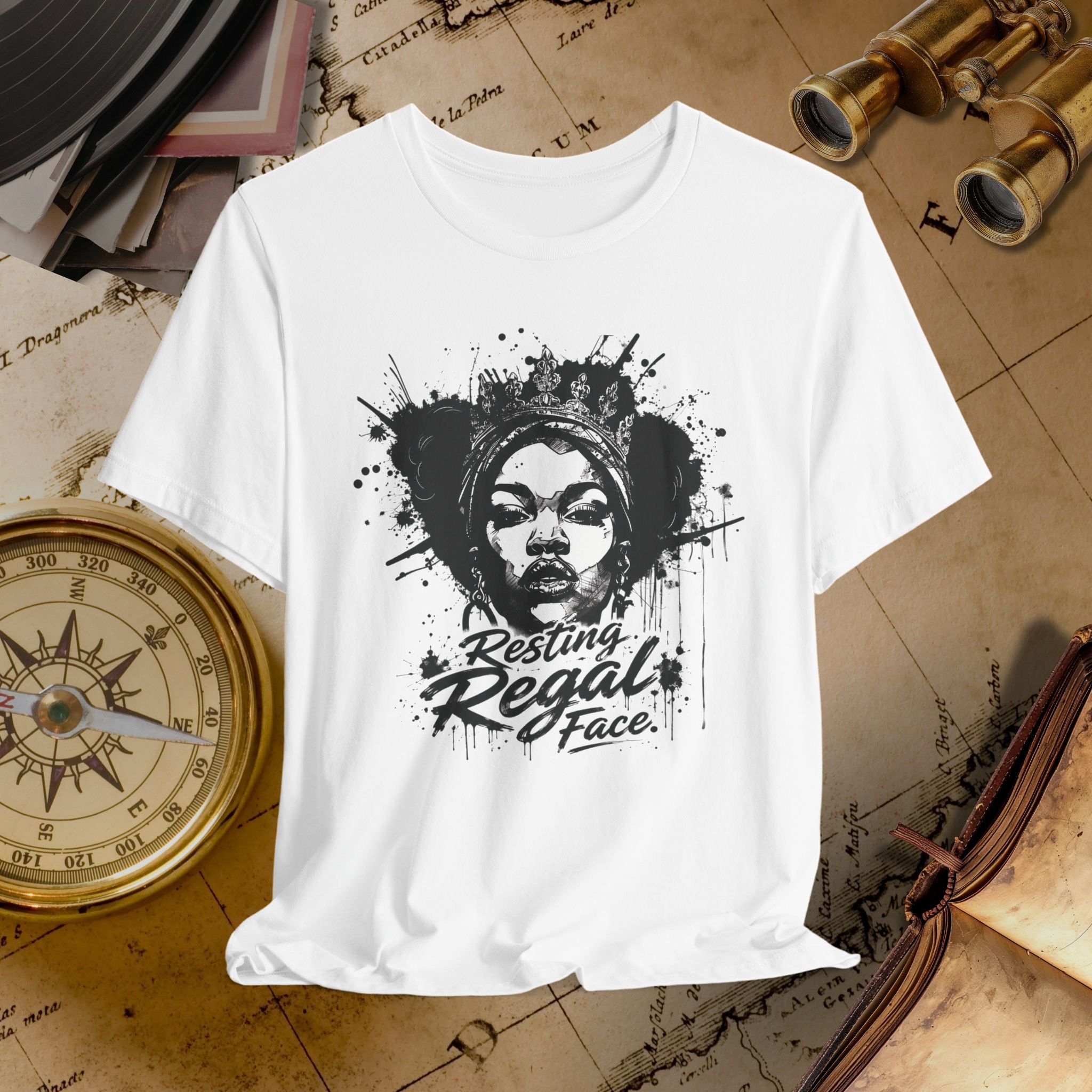 White t-shirt with black graphic design on a vintage map background
