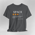 Gray t-shirt with space-themed graphic and text on a gray background