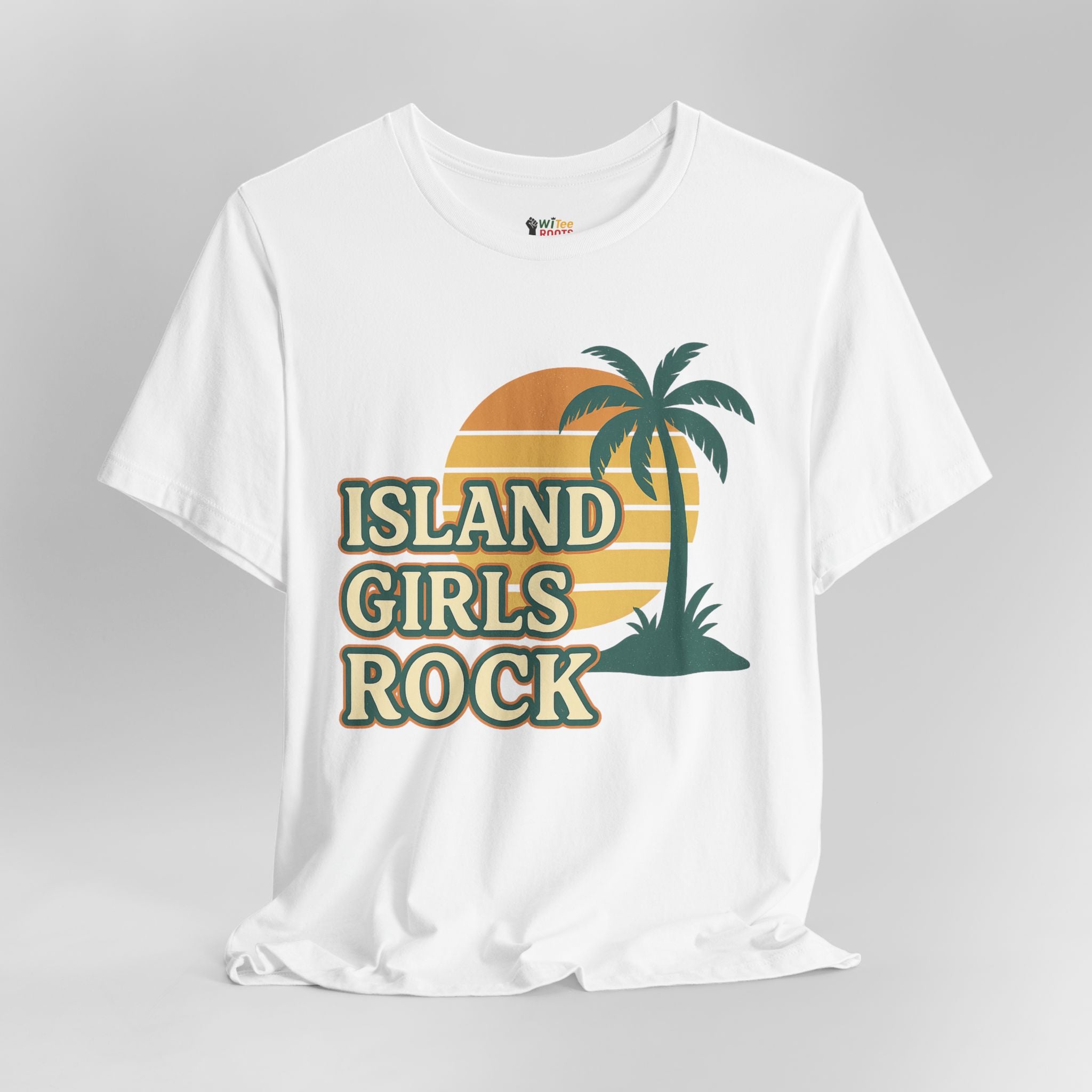 White t-shirt with 'Island Girls Rock' design featuring a palm tree and sunset on a gray background