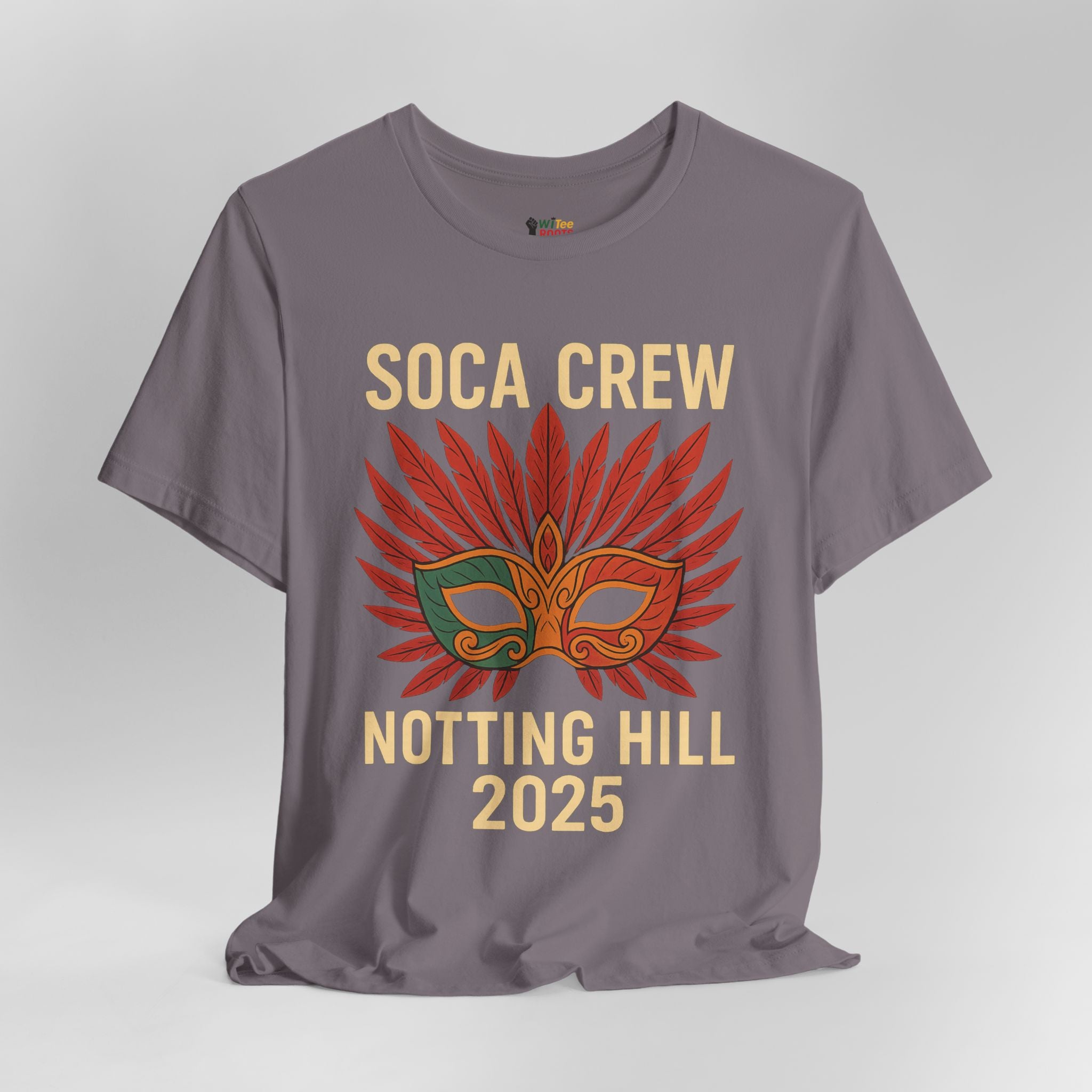 Gray t-shirt with 'Soca Crew Notting Hill 2025' design on a white background