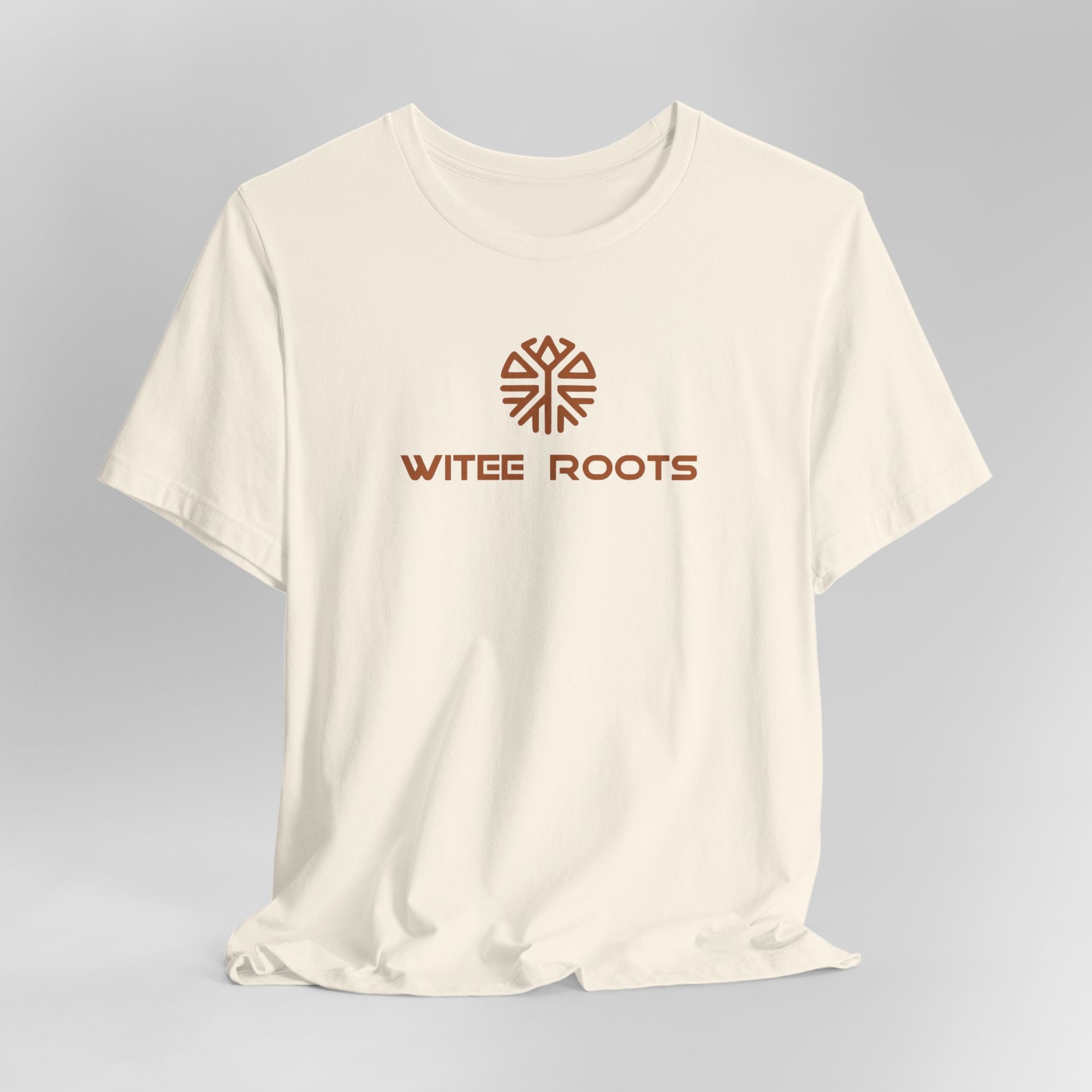 Beige t-shirt with 'WITEE ROOTS' logo on a gray background
