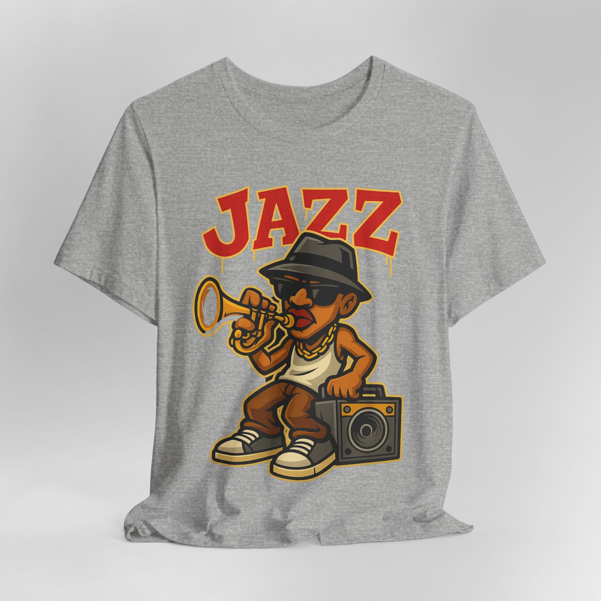 Gray t-shirt with a cartoon character playing a trumpet and the word 'Jazz' on a light gray background