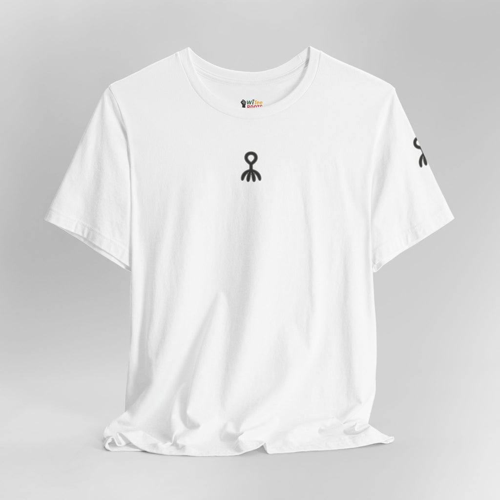 White t-shirt with black logo on a gray background