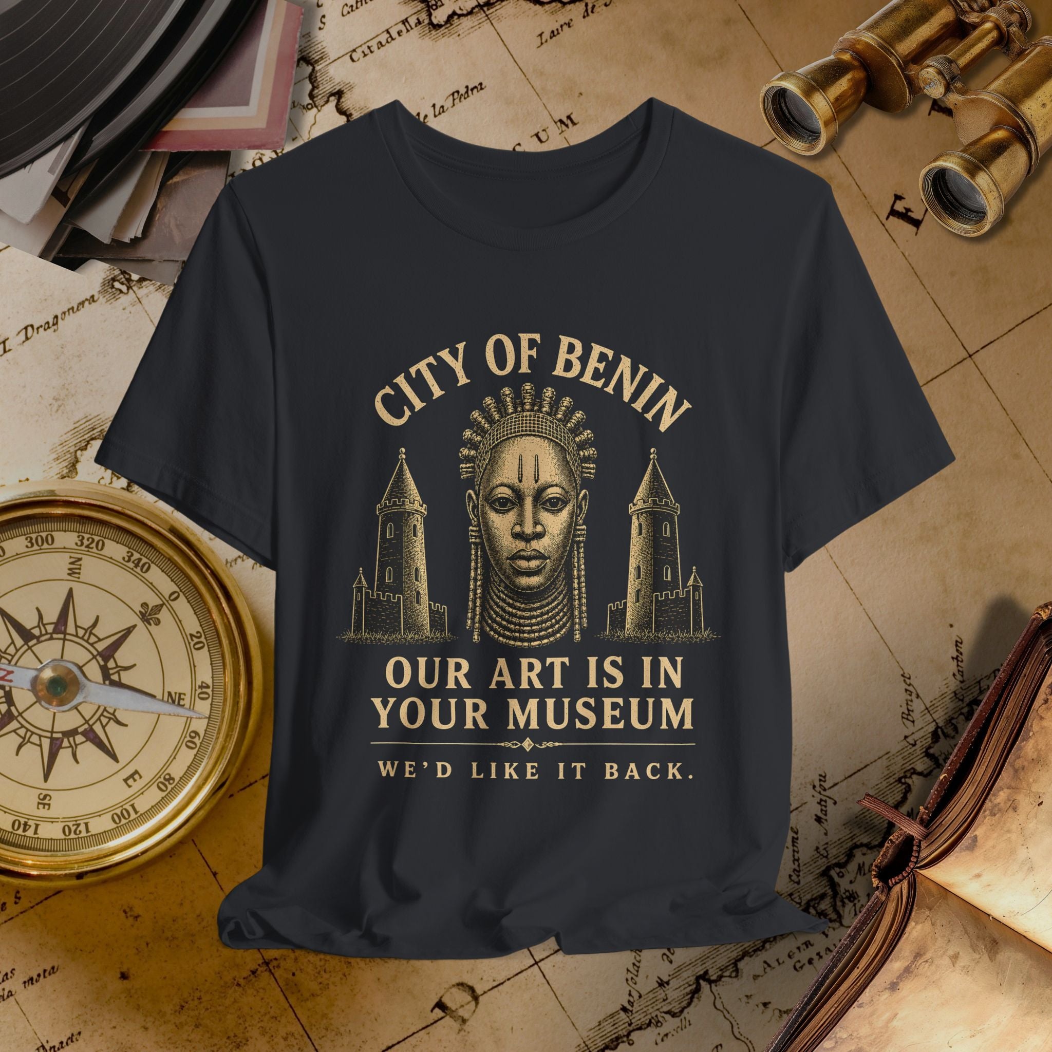 Black t-shirt with 'City of Benin' graphic and text on a vintage map background