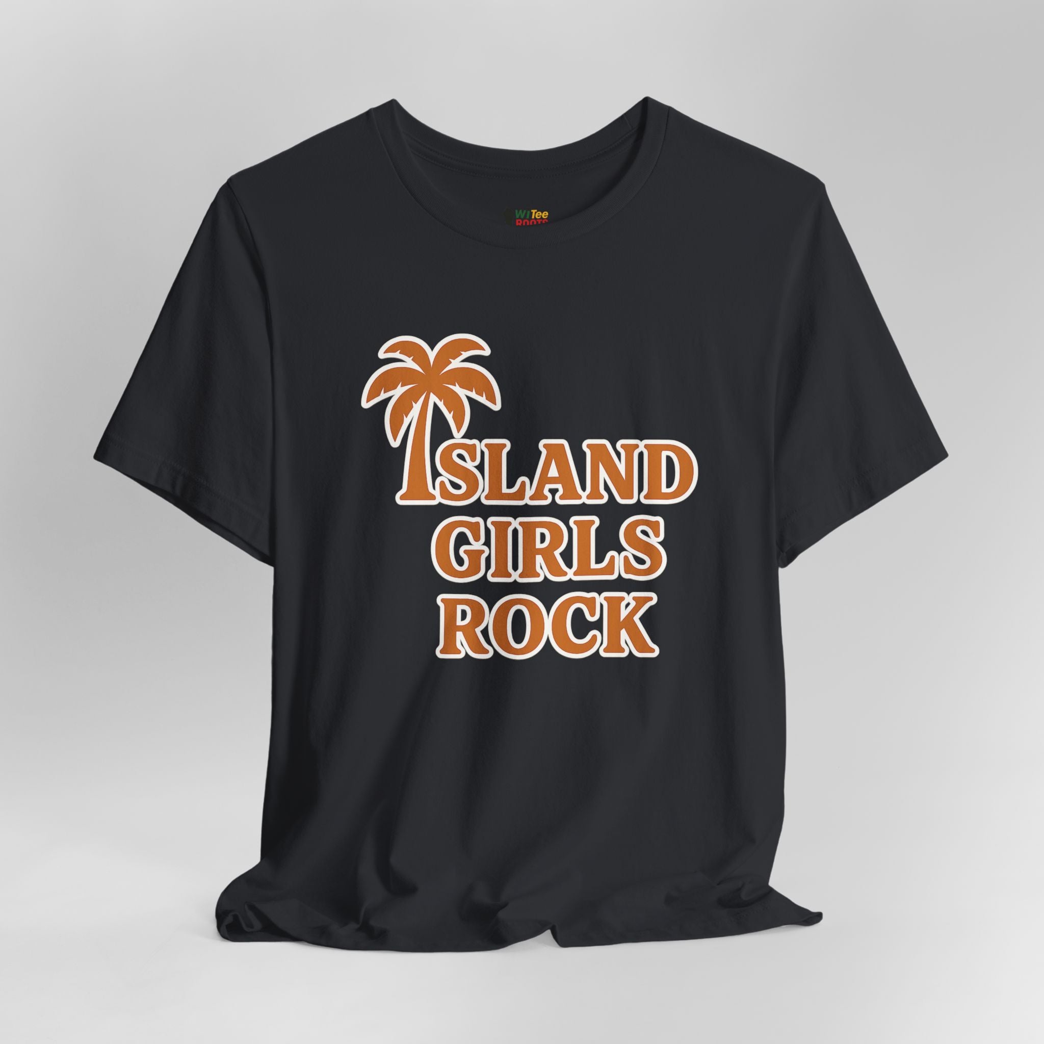 Black t-shirt with 'Island Girls Rock' text and palm tree design on a gray background