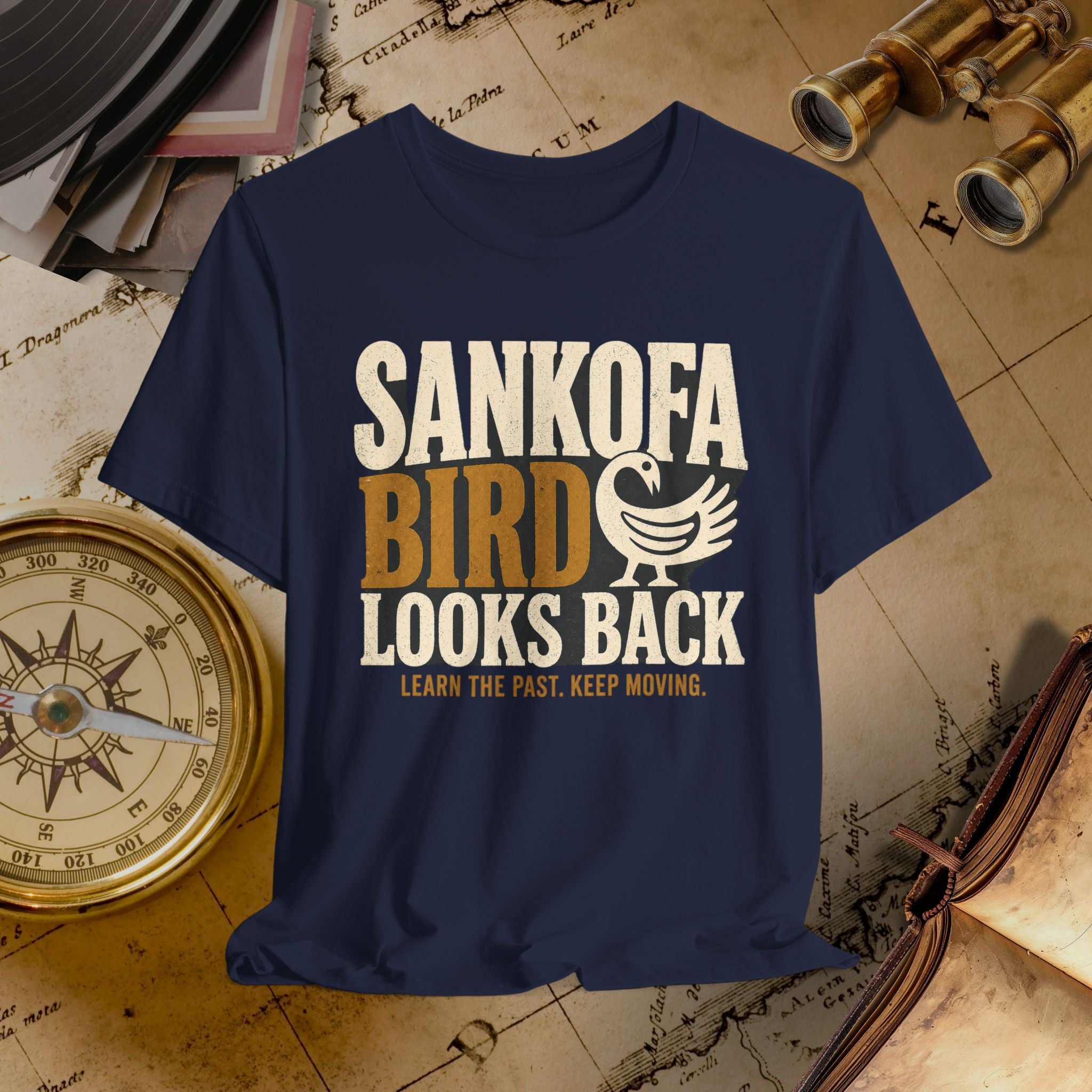 Navy t-shirt with 'SANKOFA BIRD' text on a vintage map background