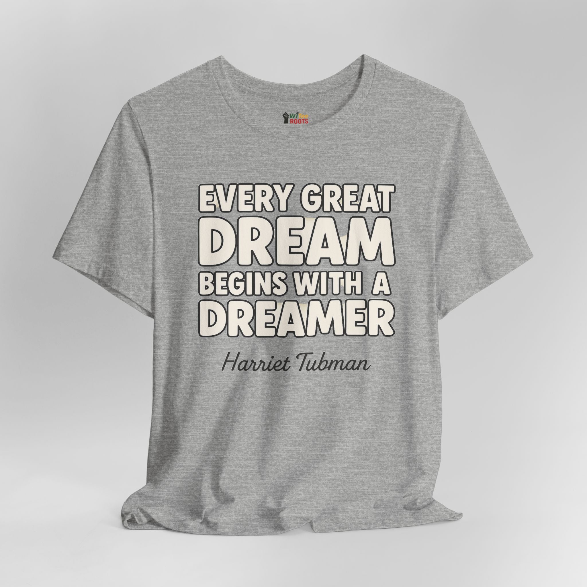 Gray t-shirt with motivational quote on a white background