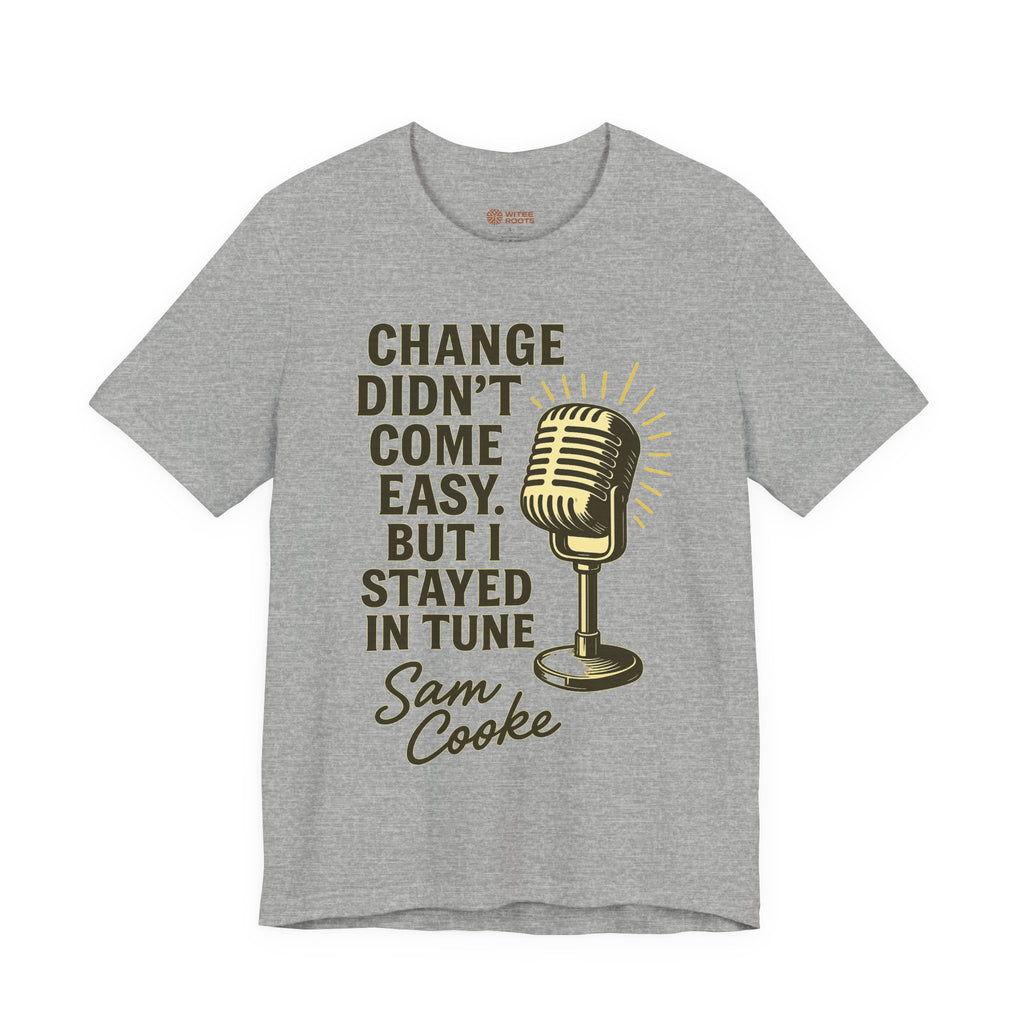 Gray t-shirt with a microphone graphic and text on a white background
