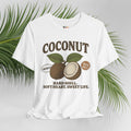 White t-shirt with coconut graphic and text on a light gray background with palm leaves.