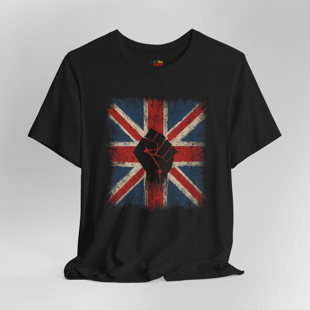 Black t-shirt with a Union Jack design featuring a red fist on a gray background