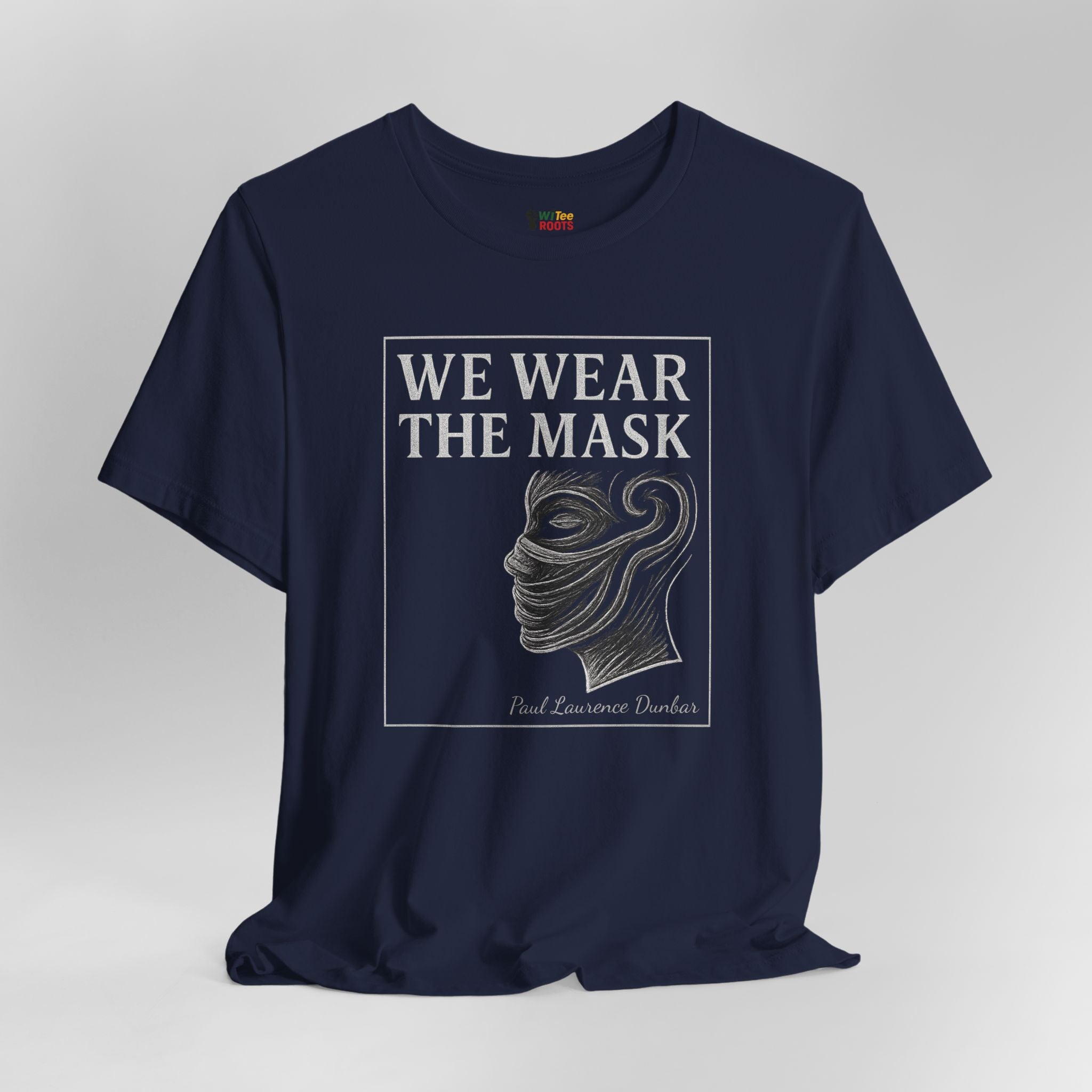 Navy blue t-shirt with 'We Wear the Mask' graphic and text on a gray background