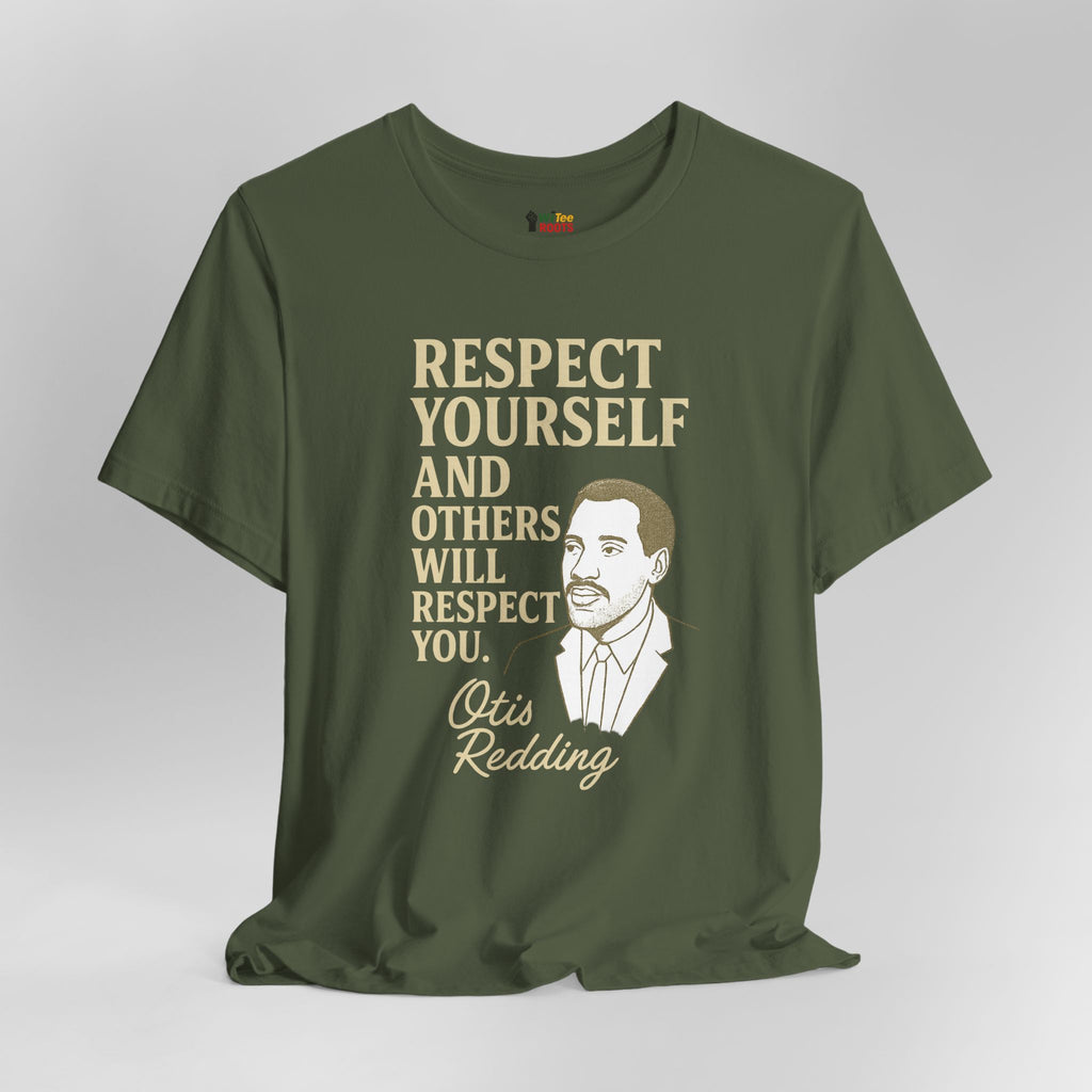 Green t-shirt with a quote and portrait on a gray background. Otis Redding