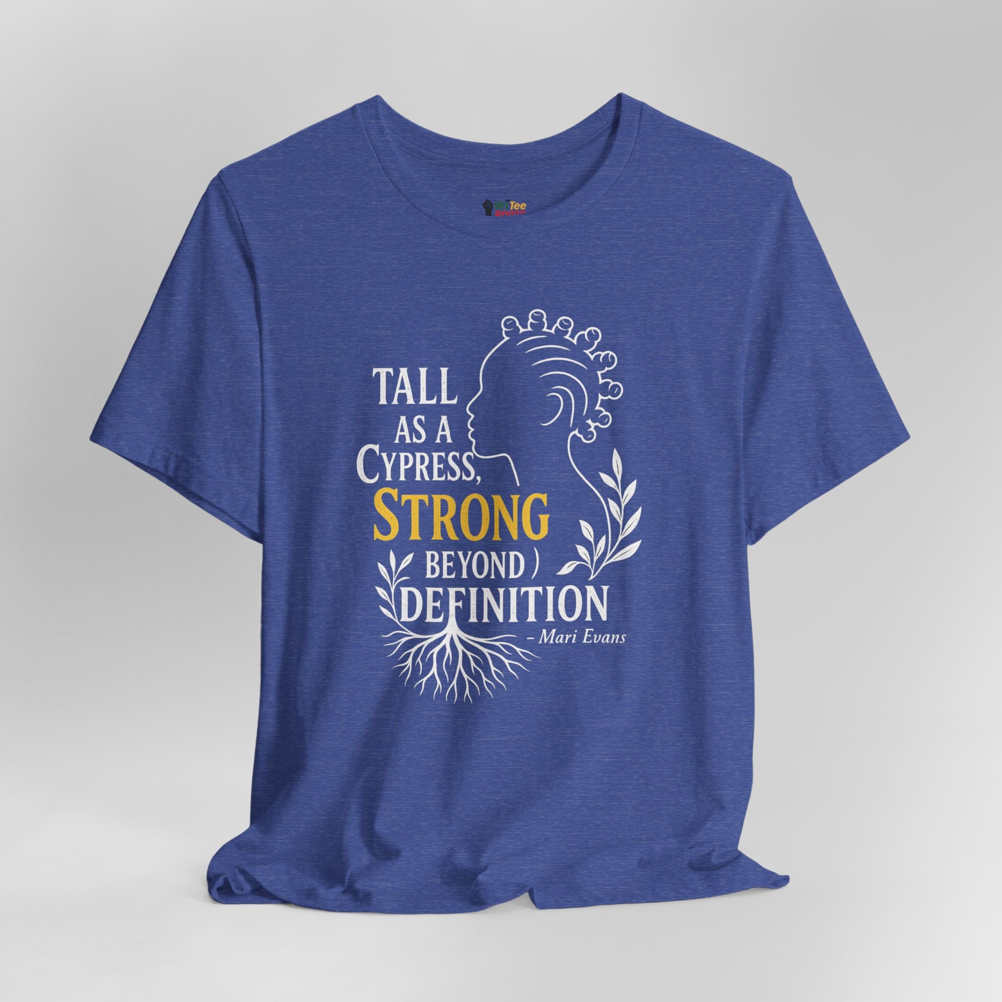 Blue t-shirt with motivational quote design on a gray background