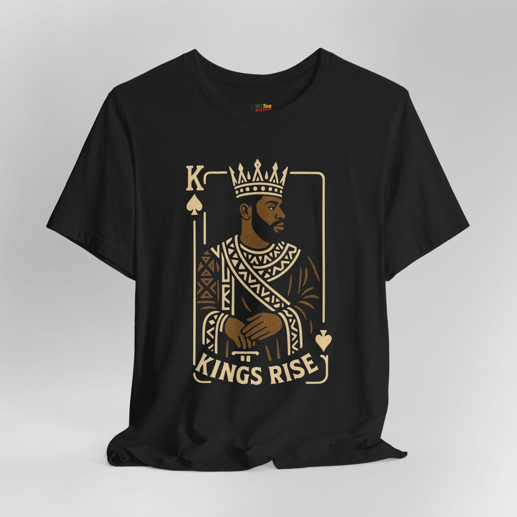 Black t-shirt with 'Kings Rise' graphic design on a gray background