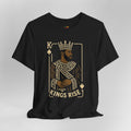 Black t-shirt with 'Kings Rise' graphic design on a gray background