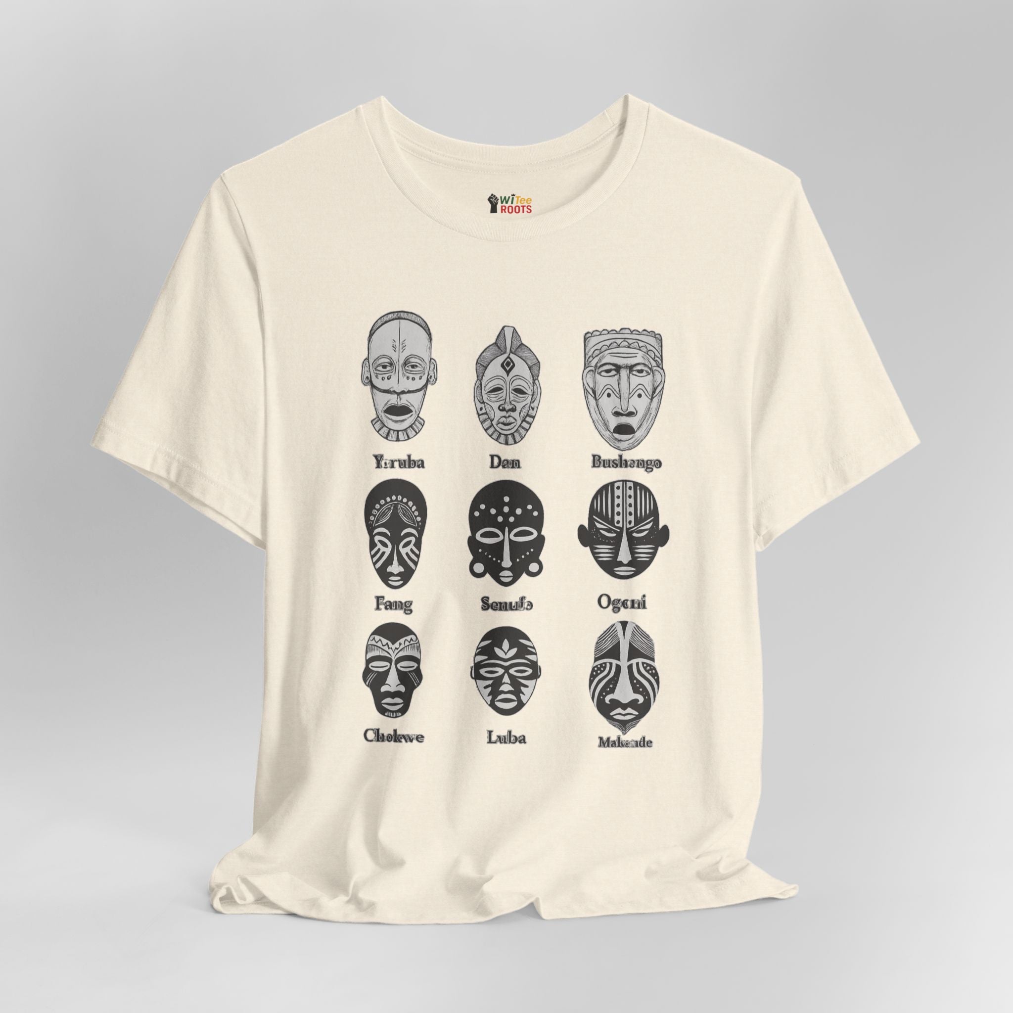 Beige t-shirt with black tribal mask designs and text on a gray background