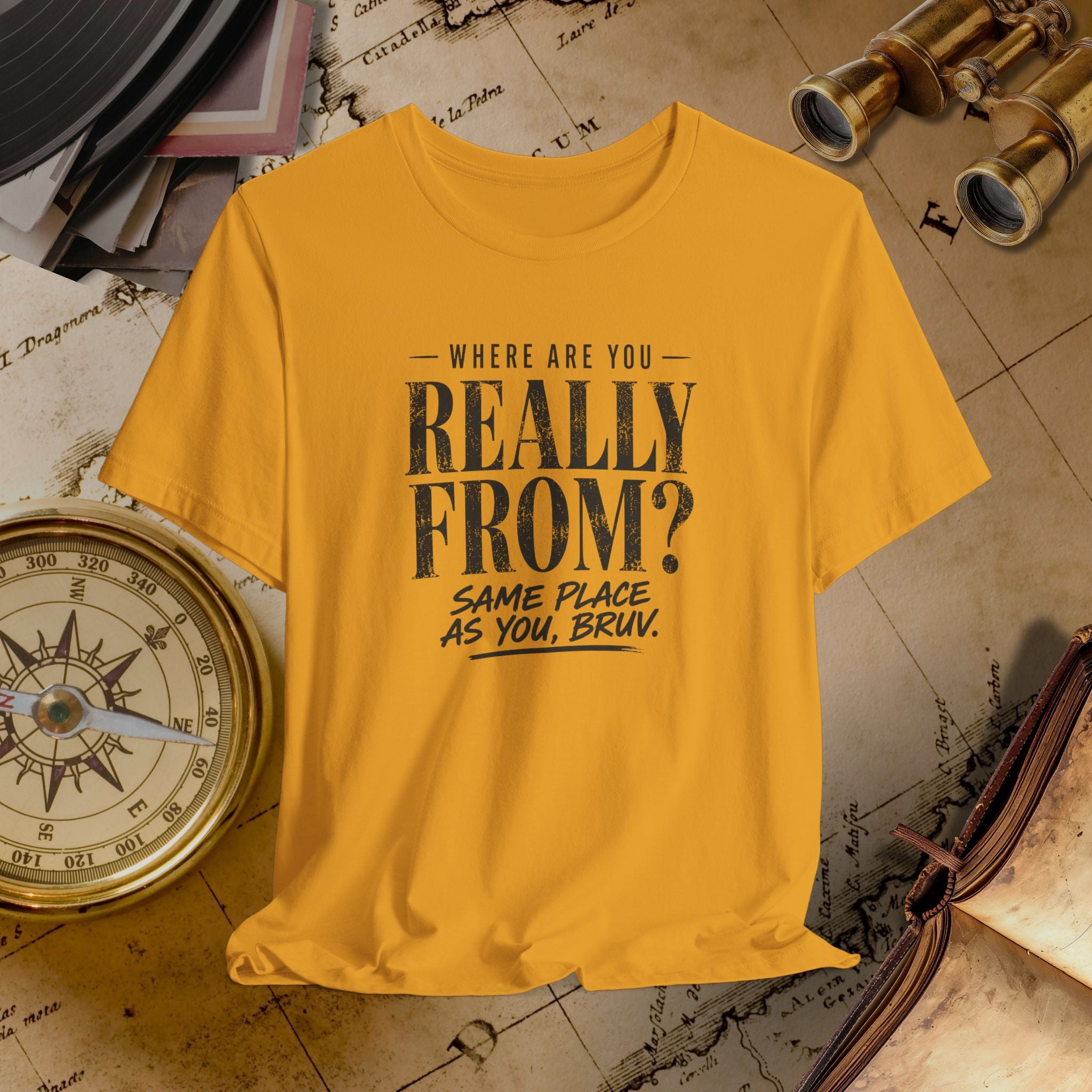 Yellow t-shirt with text on a vintage map background