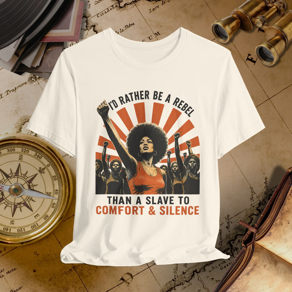 Beige t-shirt with graphic design featuring a woman and text on a vintage background