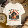 Beige t-shirt with graphic design featuring a woman and text on a vintage background