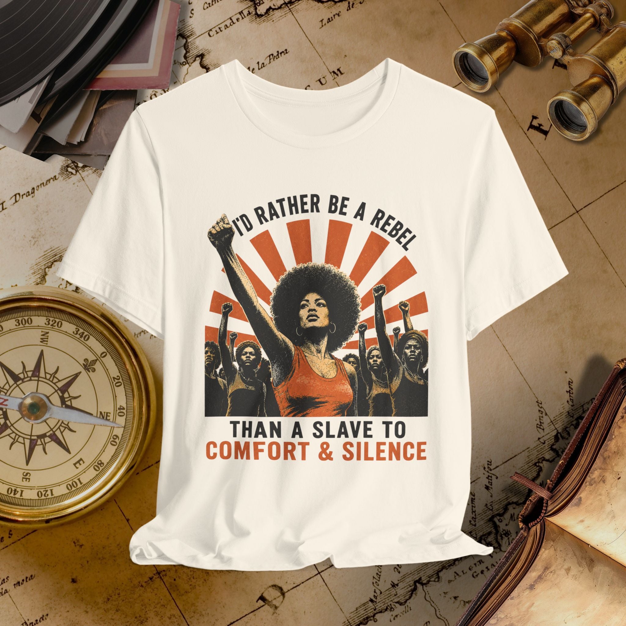 Beige t-shirt with graphic design featuring a woman and text on a vintage background