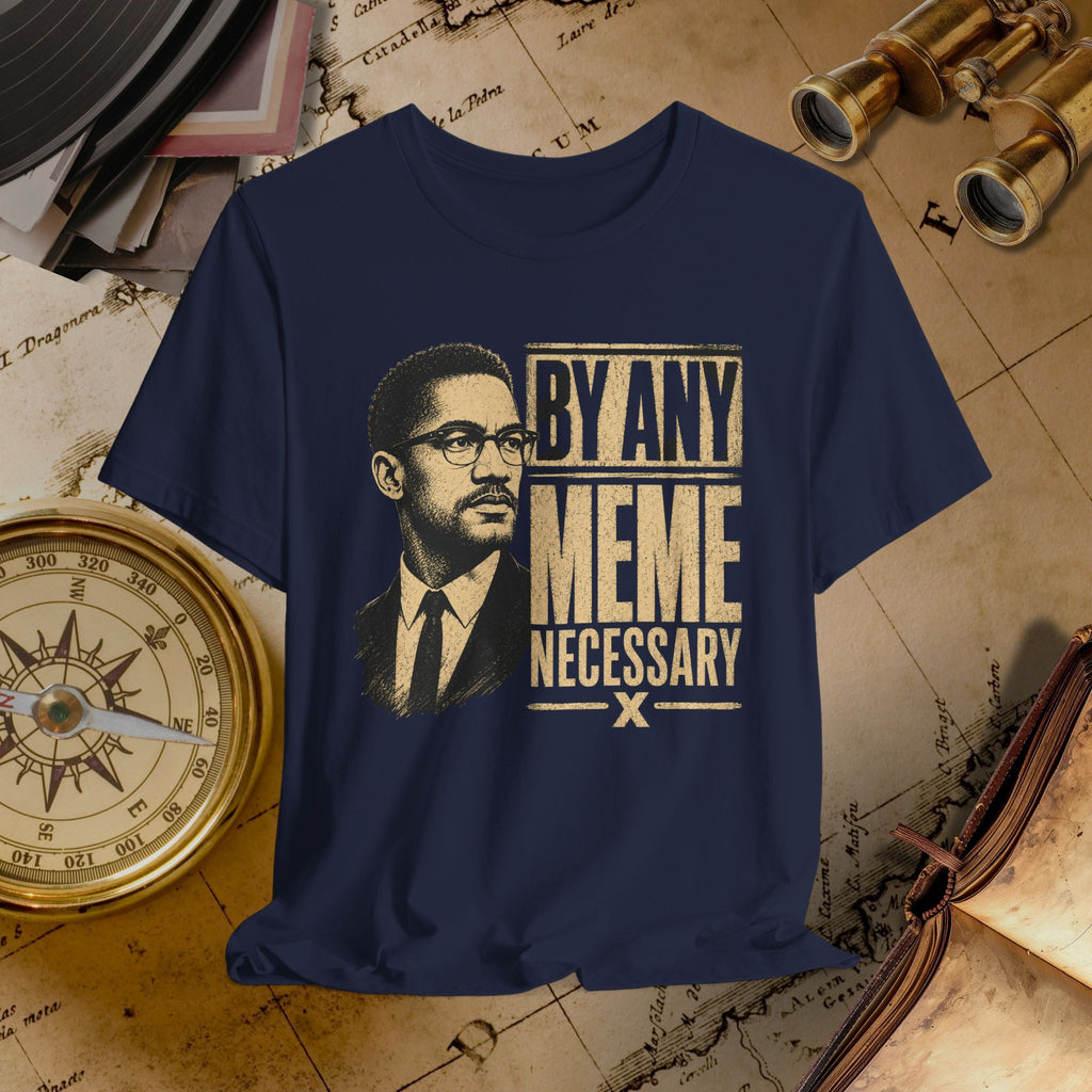 Navy blue t-shirt with a graphic of a man and text 'By Any Meme Necessary' on an old map background.