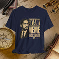 Navy blue t-shirt with a graphic of a man and text 'By Any Meme Necessary' on an old map background.