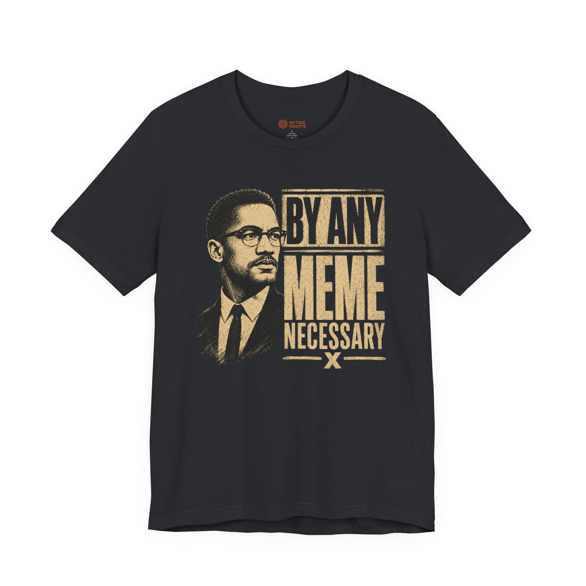 Black t-shirt with a graphic of a man and text 'By Any Meme Necessary' on a white background