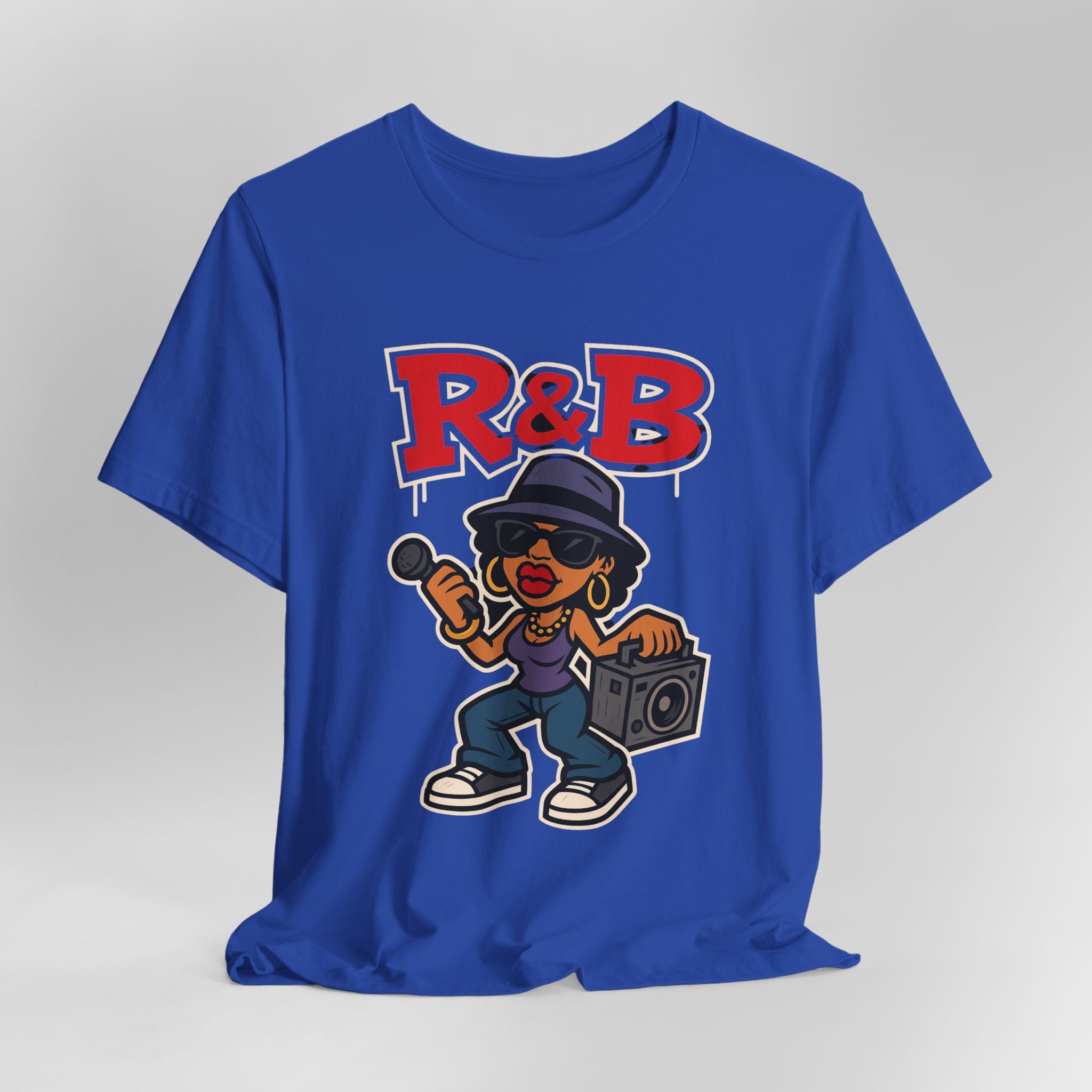 Blue t-shirt with a cartoon character and 'R&B' text on a gray background