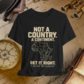 Black t-shirt with text and Africa map graphic on a vintage map background