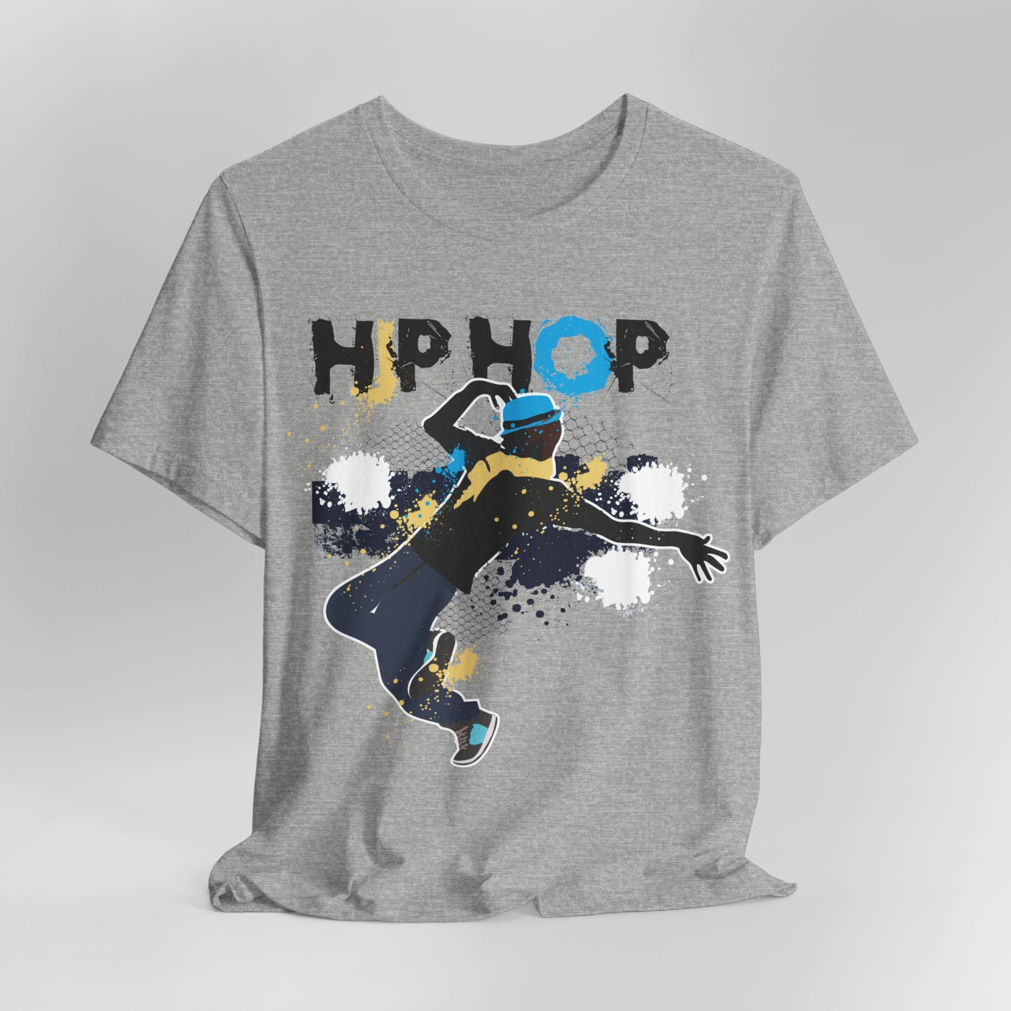 Gray t-shirt with a 'Hip Hop' design featuring a dancer on a gray background