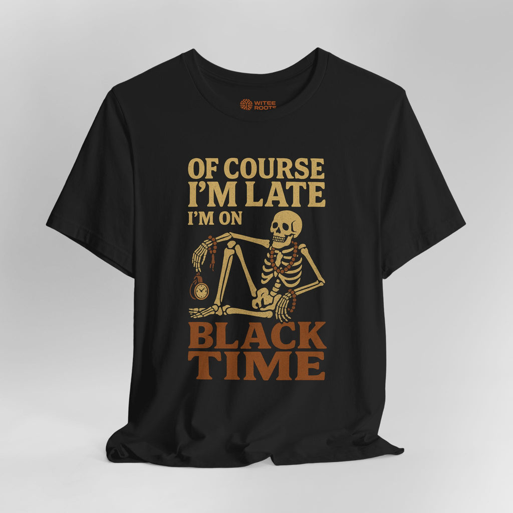 Black t-shirt with skeleton graphic and humorous text on a gray background