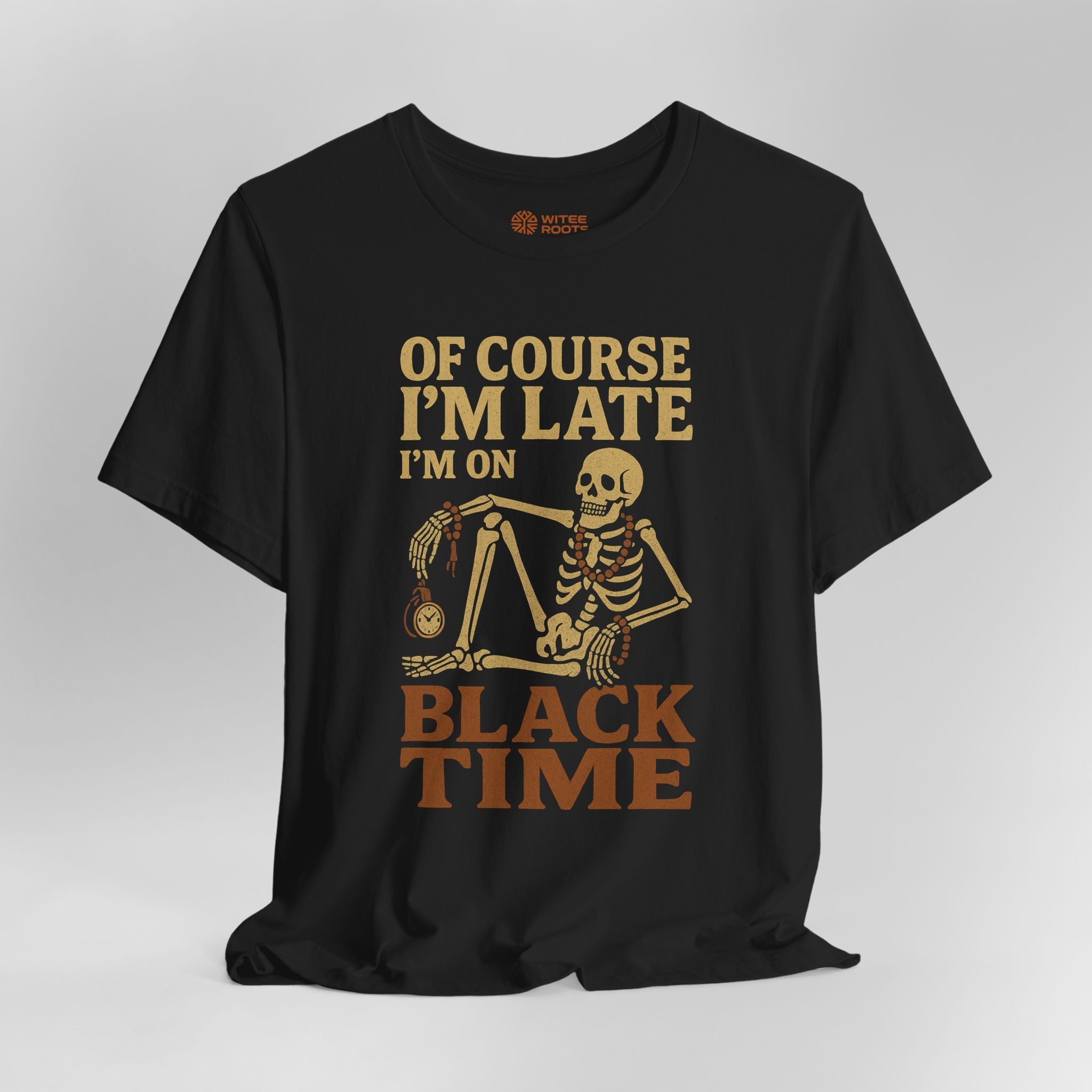 Black t-shirt with skeleton graphic and humorous text on a gray background