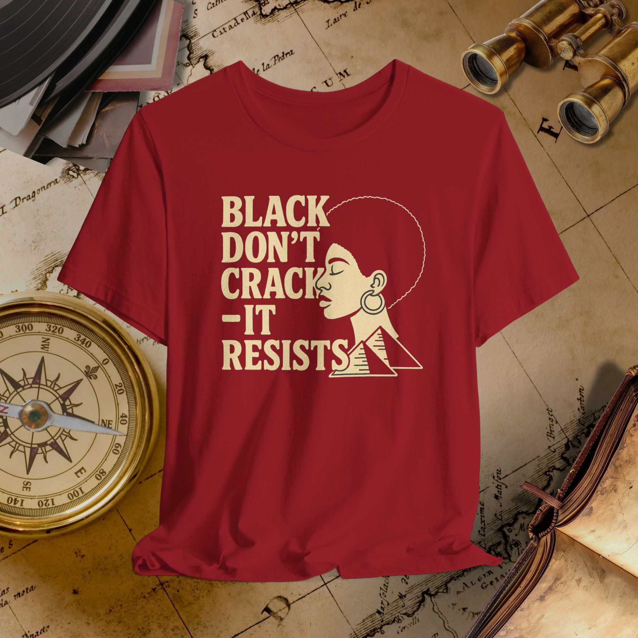 Red t-shirt with text on a vintage map background