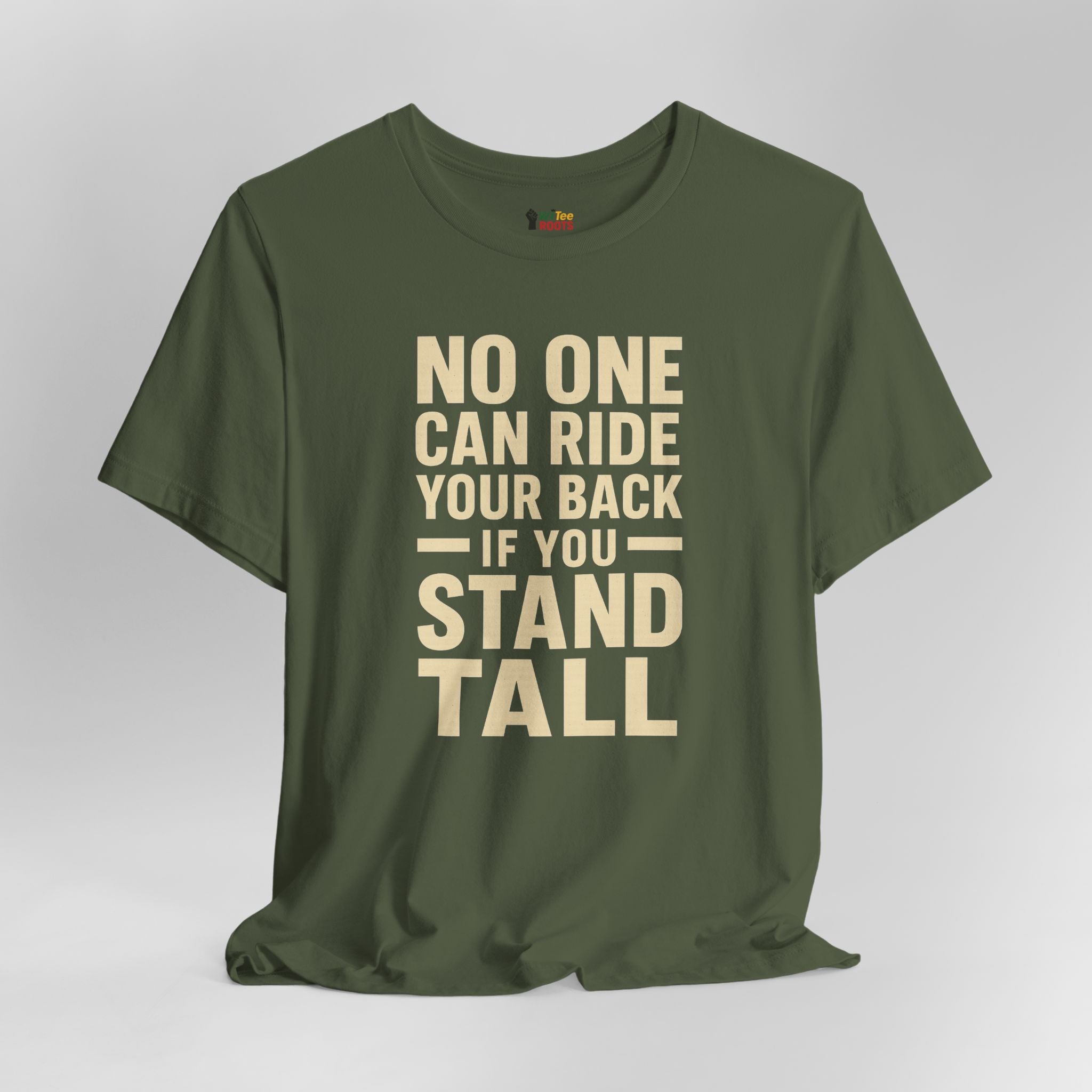 Green t-shirt with motivational quote on a gray background