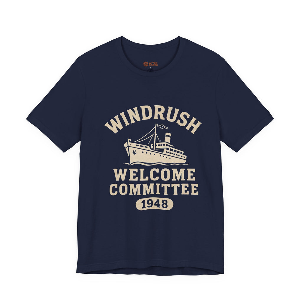 Navy blue t-shirt with 'Windrush Welcome Committee 1948' print on a white background
