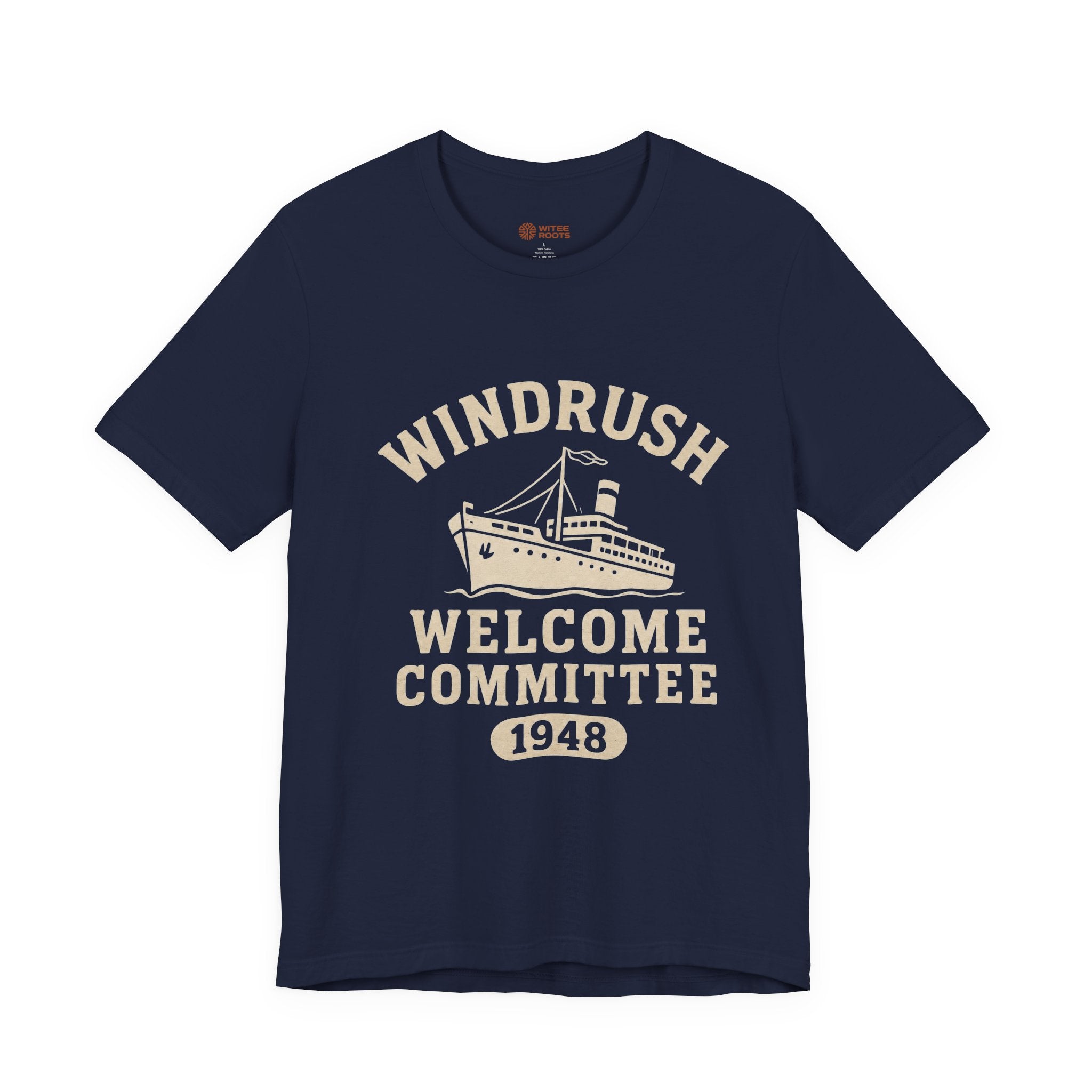 Navy blue t-shirt with 'Windrush Welcome Committee 1948' print on a white background