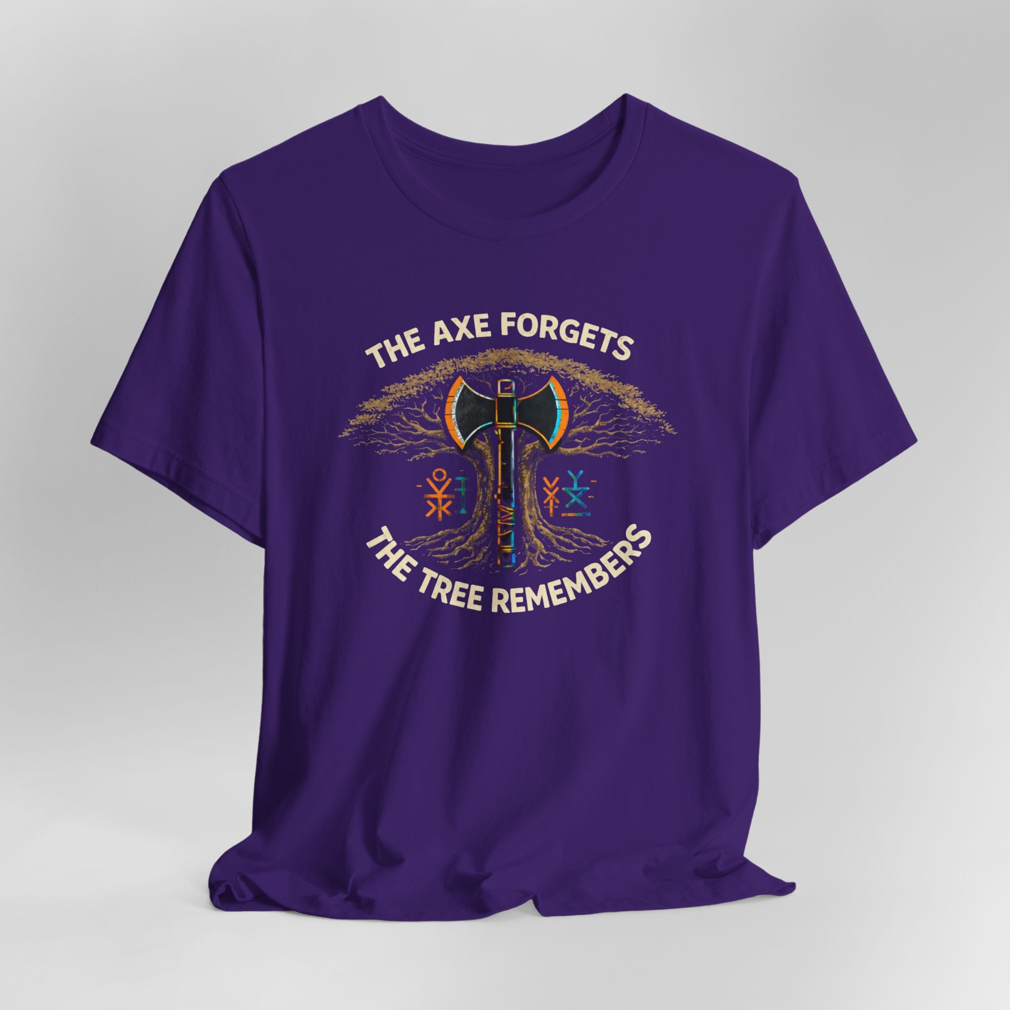 Purple t-shirt with graphic design and text on a gray background