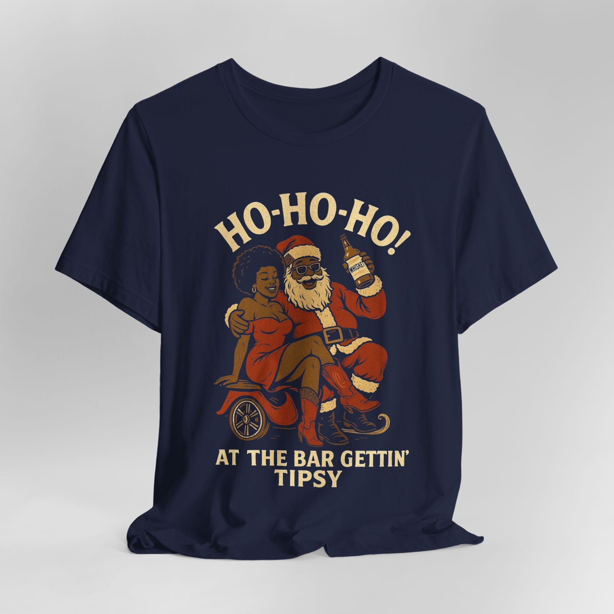 Navy blue t-shirt with a graphic of Santa Claus and an African-American man on a motorcycle, with text 'HO-HO-HO! AT THE BAR GETTIN' TIPSY'.