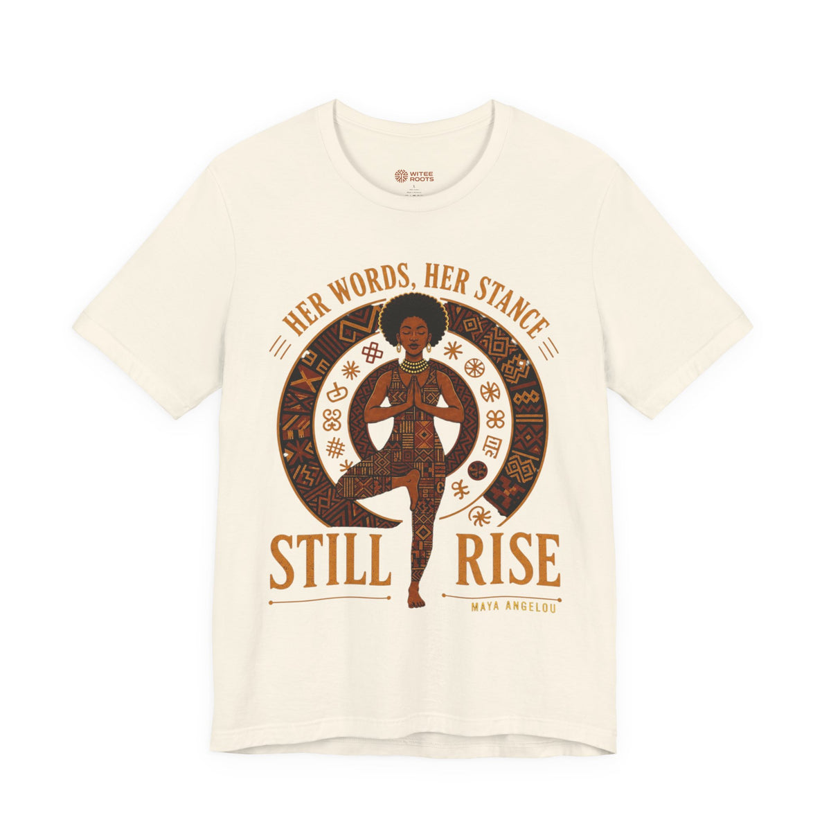 An off-white short-sleeve t-shirt with a graphic print of a Black woman in a yoga pose inside a circular frame, with the text 'HER WORDS, HER STANCE STILL RISE' and 'MATH ANGELUS' printed below.