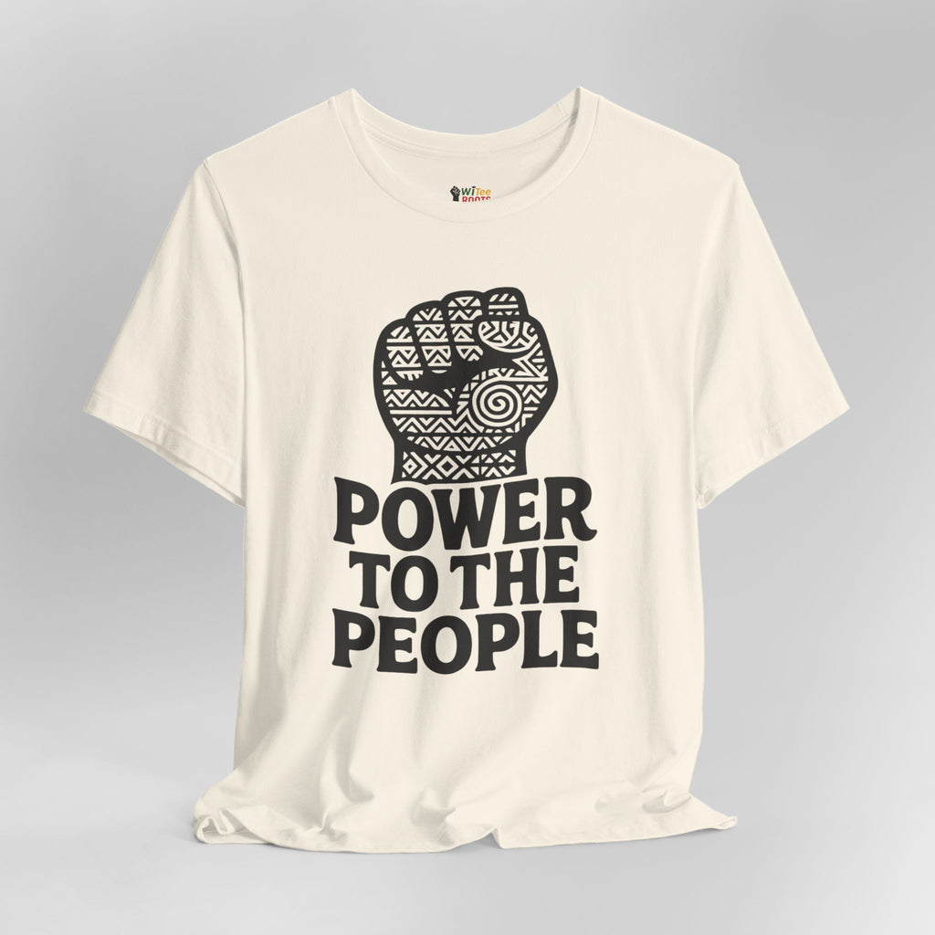 Beige t-shirt with a black fist graphic and 'Power to the People' text on a gray background