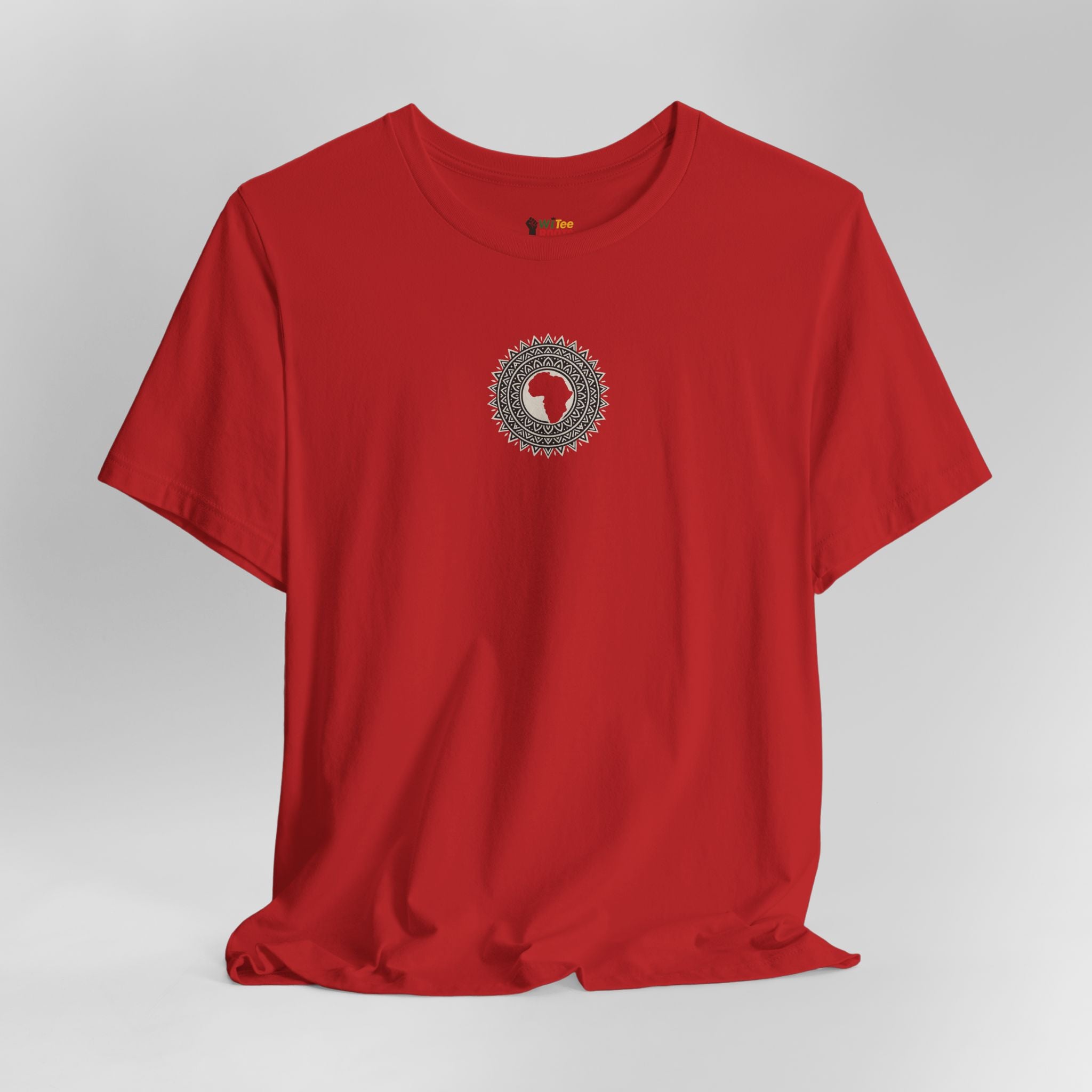 Red t-shirt with a circular design on a gray background