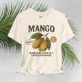 Cream t-shirt with mango graphic and text on a light gray background