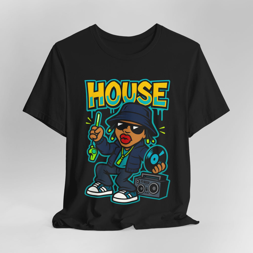 Black t-shirt with a graphic design of a person holding a boombox and the word 'HOUSE' above, on a light gray background.