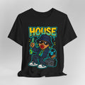 Black t-shirt with a graphic design of a person holding a boombox and the word 'HOUSE' above, on a light gray background.