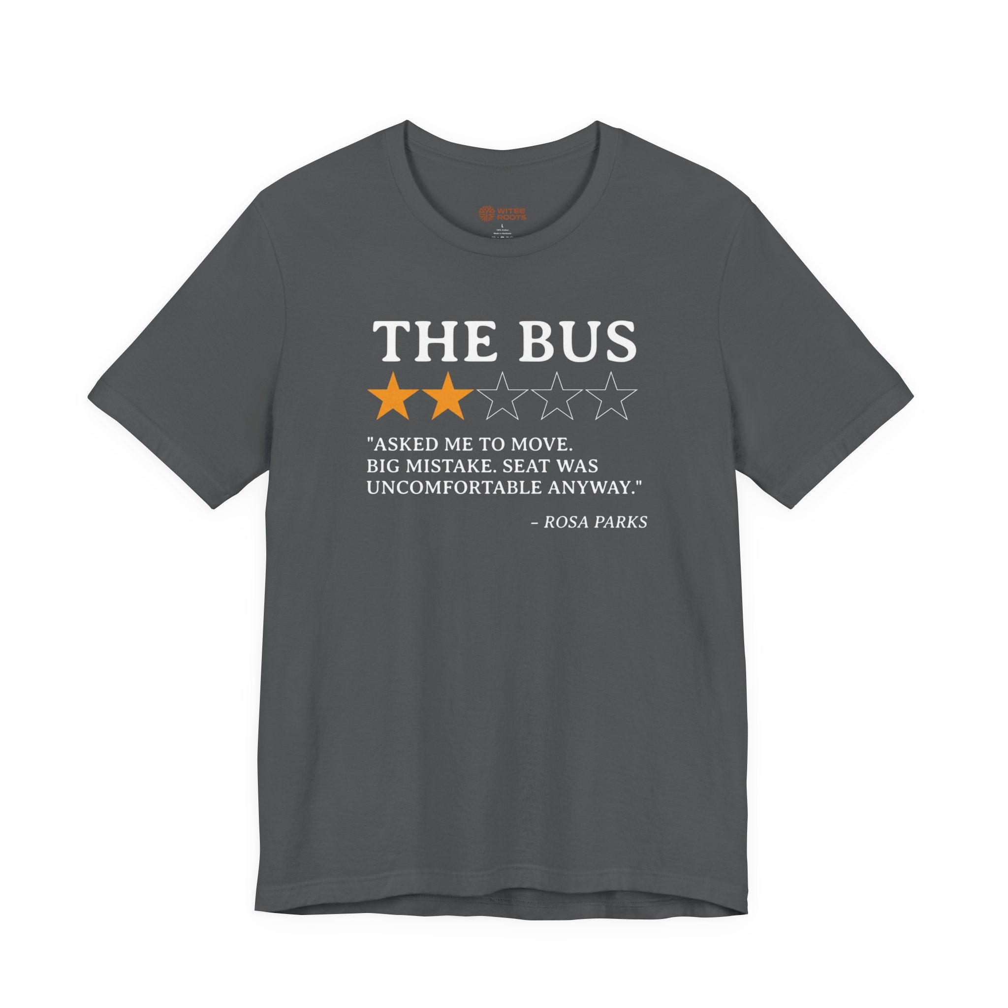 Gray t-shirt with text and stars on a white background